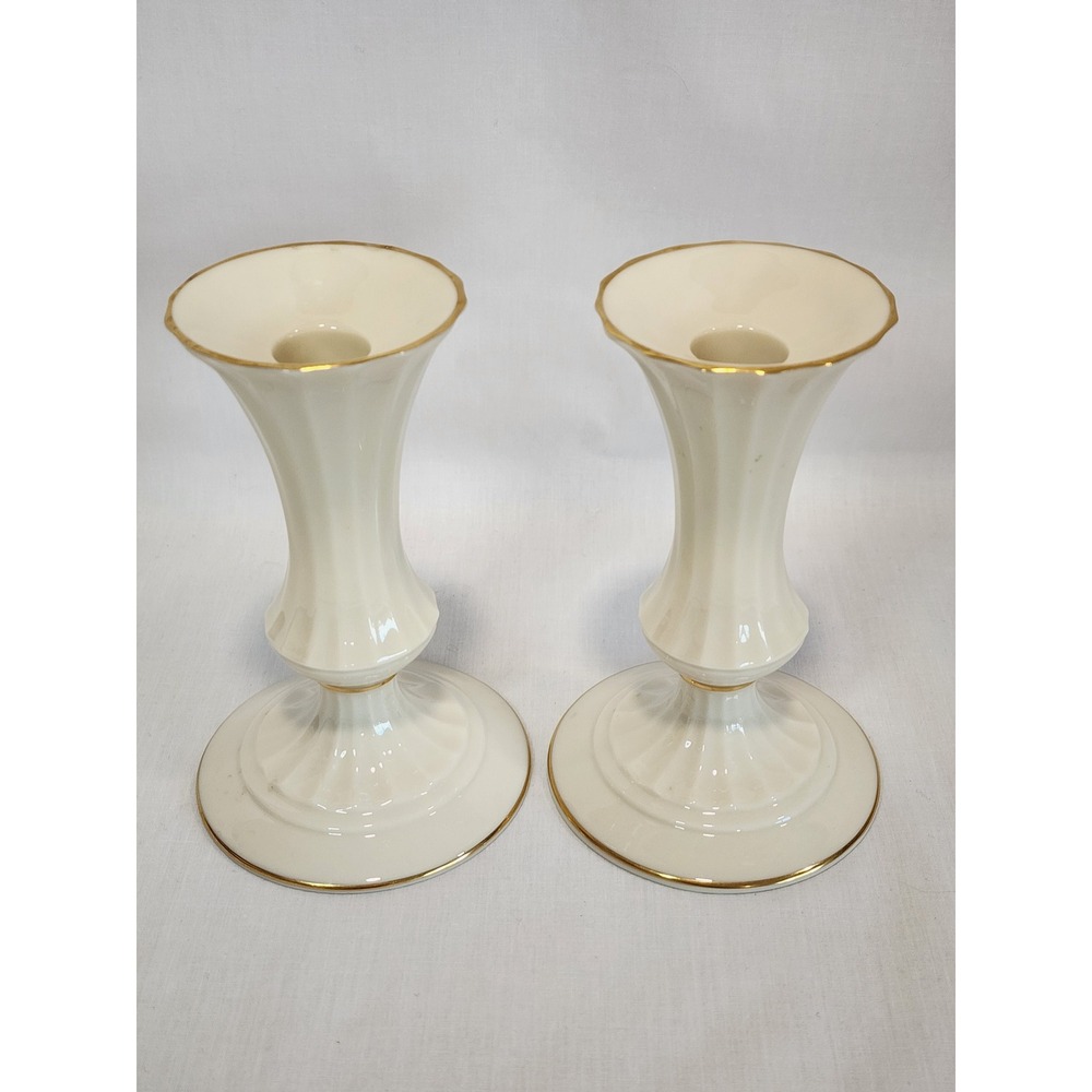 Lenox Ivory Porcelain Fluted Candlestick Holders Gold Trim Set of 2 USA Made